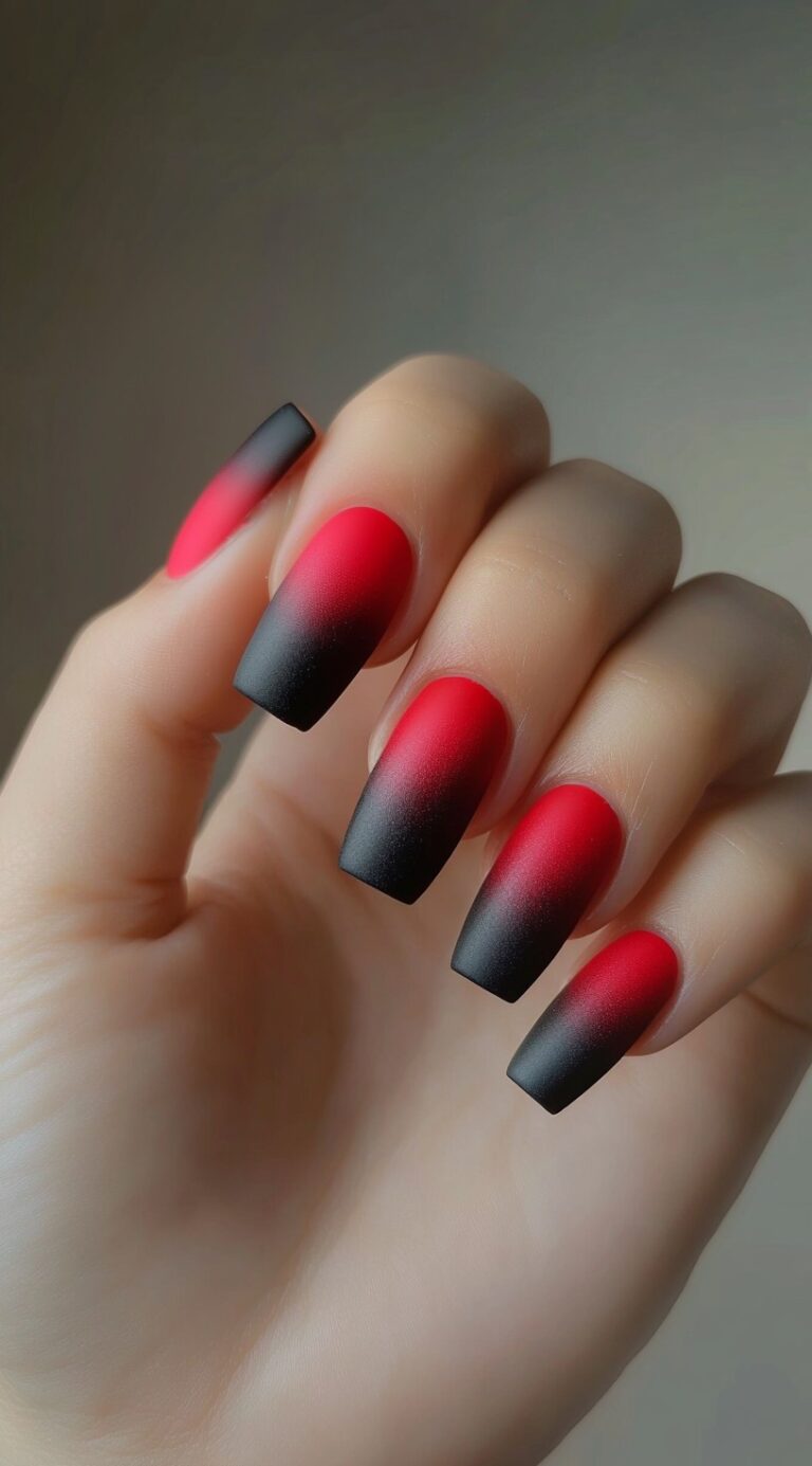Bold coffin nails transition from bright red to deep black with a flawless velvet matte finish.
