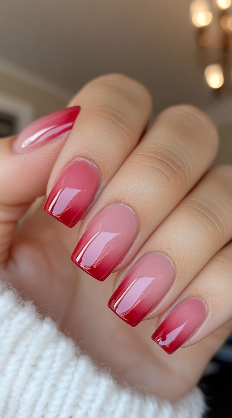 Short square acrylic nails with a glossy pink to red ombre design and no additional decoration.