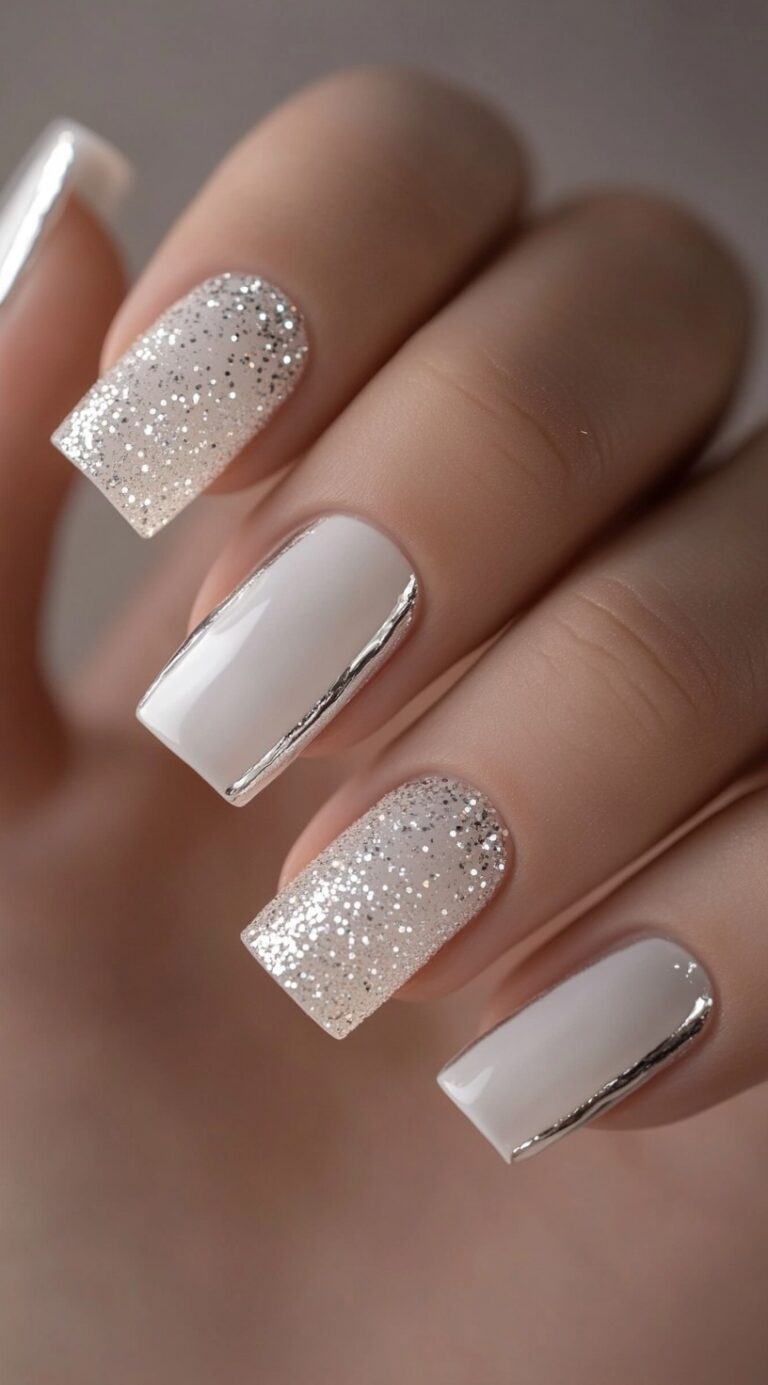 A close-up of square-shaped nails featuring a soft white base with a dense silver glitter gradient effect on the tips, along with metallic silver outlining on select nails.