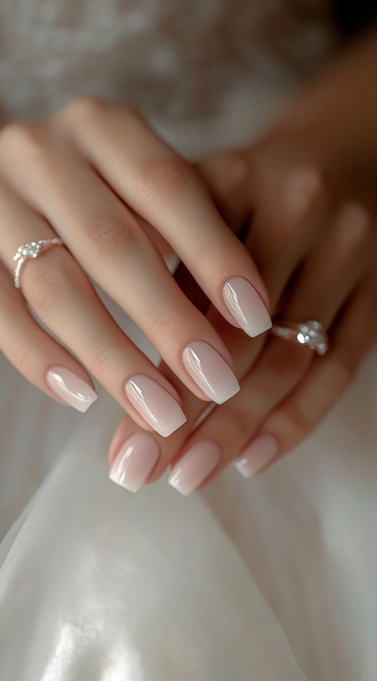 A close-up of a bride's hands with short square-shaped nails featuring a delicate French ombré effect, fading from sheer pink to soft white tips.