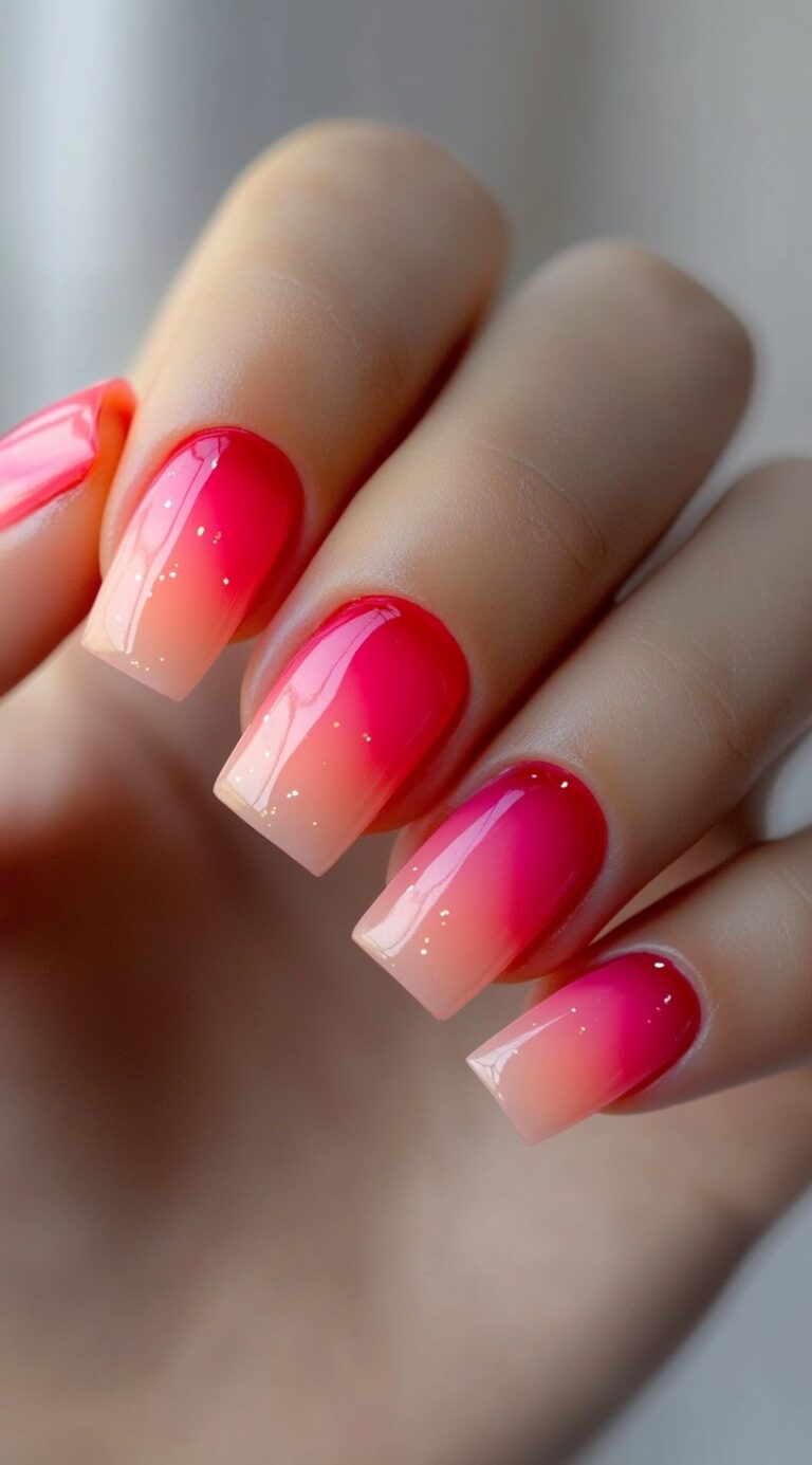 Square-shaped nails with a smooth ombre transition from peachy nude to vibrant cherry red.