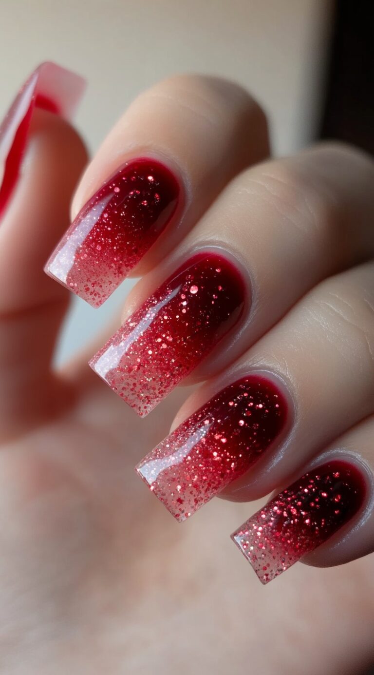 Square-shaped nails with a vibrant red glitter ombre fading from deep red to translucent pink tips.