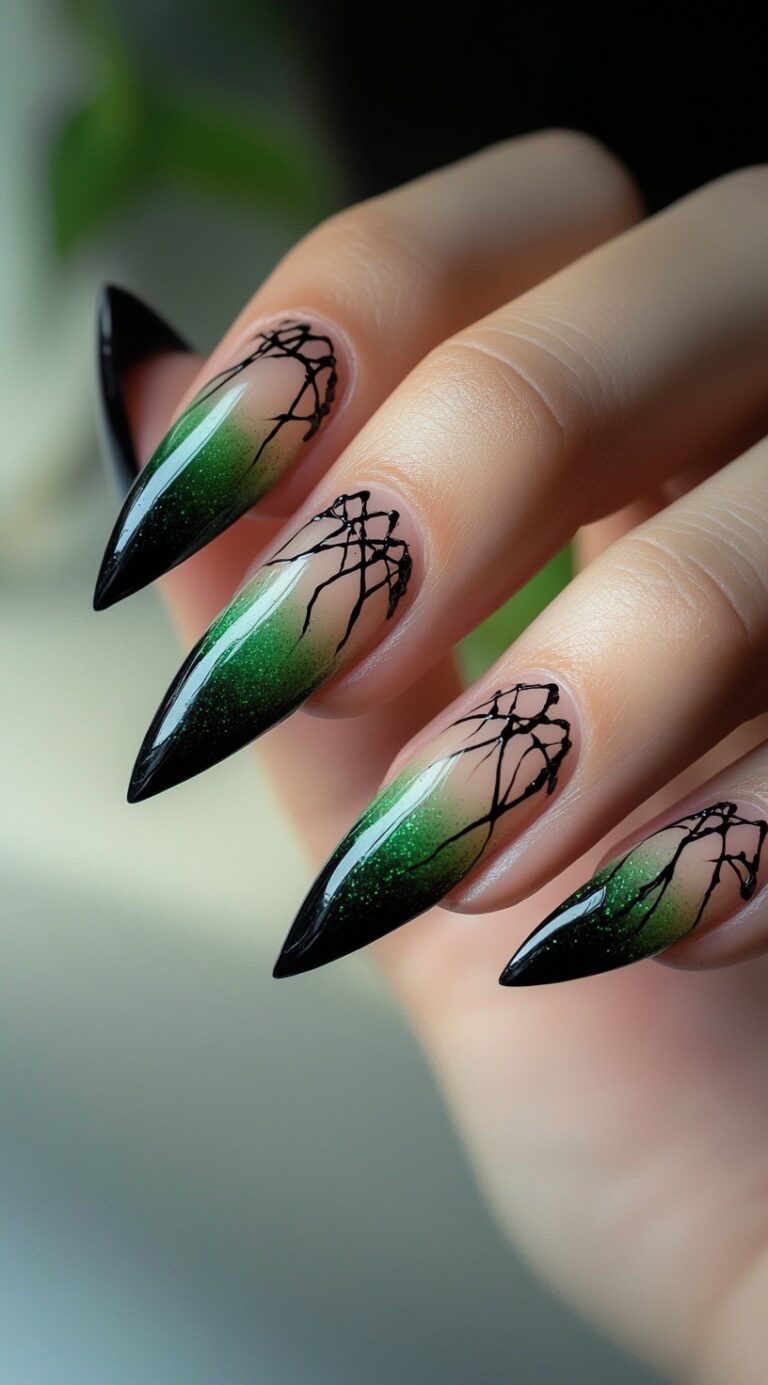 Stiletto-shaped nails featuring a pink-to-deep green ombre design with glossy black tips and black spider web accents near the cuticles.